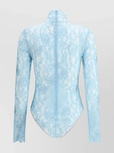 Valentino High Neck Long Sleeve Floral Lace Bodysuit In Blue
