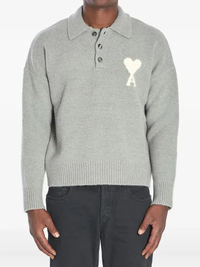 Ami Alexandre Mattiussi Ami Paris Ami Paris De Coeur Wool Polo Shirt In Gray