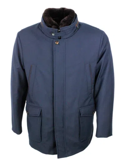 Moorer Short Jacket Featuring High Collar And Pockets In Blue