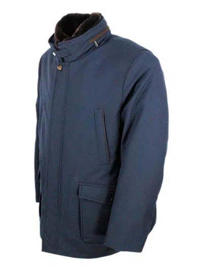 Moorer Short Jacket Featuring High Collar And Pockets In Blue