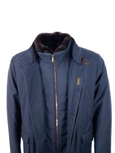 Moorer Short Jacket Featuring High Collar And Pockets In Blue