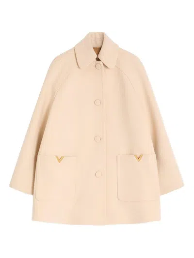 Valentino Wool Coat With Rounded Collar And Pockets In Neutral
