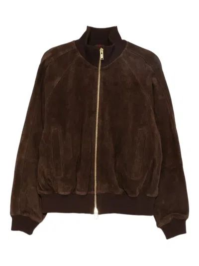 Baracuta Suede Track Jacket With Ribbed Collar And Cuffs In Brown