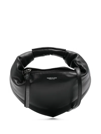 Federico Cina Leather Hand Bag 'midi Tortellino' In Black In Black