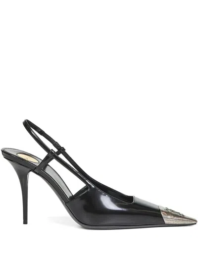 Saint Laurent Jeanne Slingback Pumps In Glazed Leather With Metal Toe Shoes In Black