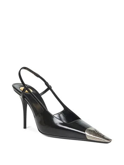 Saint Laurent Jeanne Slingback Pumps In Glazed Leather With Metal Toe Shoes In Black