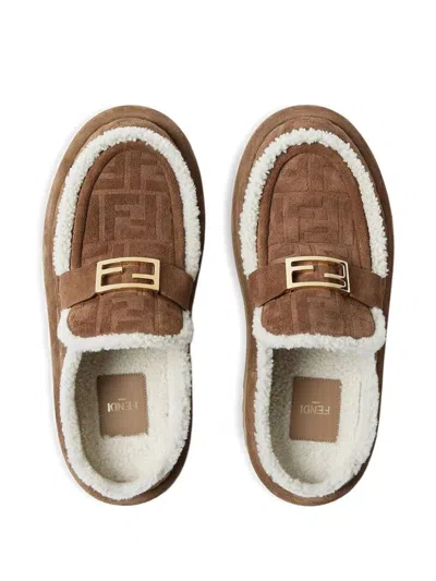 Fendi Women Beige Mules With Logo Lettering On The Rear And Ff Buckle In Suede Woman In Brown