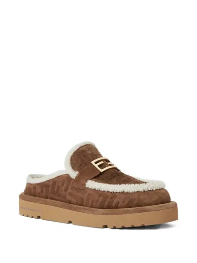 Fendi Women Beige Mules With Logo Lettering On The Rear And Ff Buckle In Suede Woman In Brown