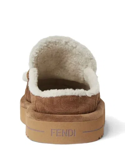Fendi Women Beige Mules With Logo Lettering On The Rear And Ff Buckle In Suede Woman In Brown