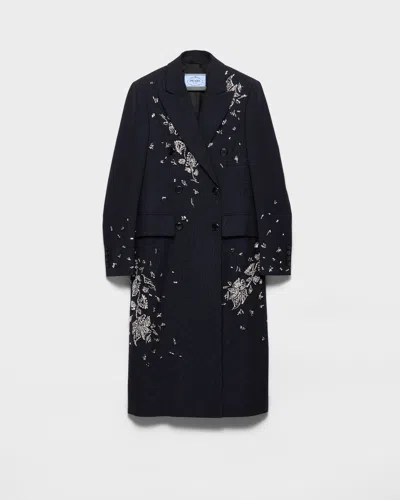 Prada Embroidered Double-breasted Rush Stitch Wool Coat In Black