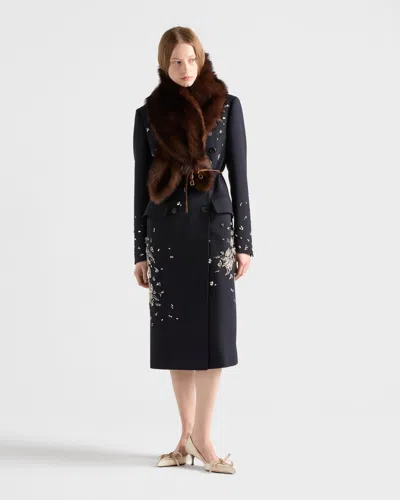 Prada Embroidered Double-breasted Rush Stitch Wool Coat In Black