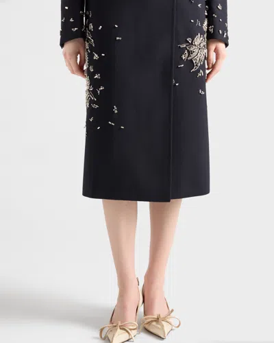 Prada Embroidered Double-breasted Rush Stitch Wool Coat In Black
