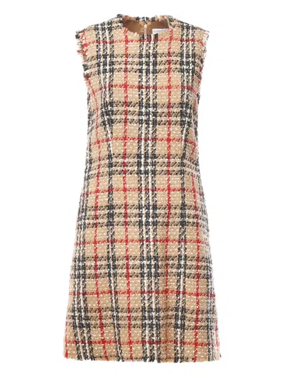 Burberry Checked-pattern Frayed Midi Dress In Brown