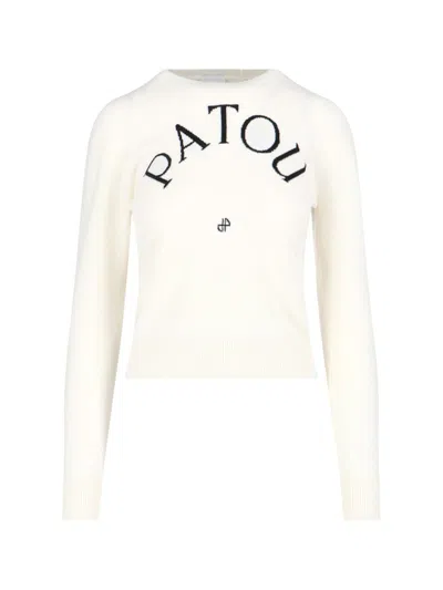 Patou Ribbed Cuff And Hem Knit Crewneck In White
