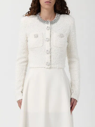 Self-portrait White Crewneck Cropped Cardigan With Crystal Embellishments On The Collar In Cotton Blend Woman In White