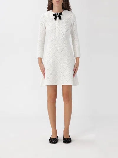 Self-portrait White Lace Knit Mini Dress With Removable Bow In White