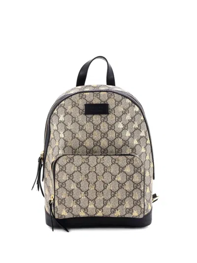 Pre-owned Gucci Zip Pocket Printed Gg Coated Canvas Small Backpack In Neutral