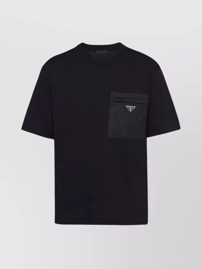 Prada Men's Plain Cotton Badge Pocket T-shirt In Black