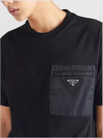 Prada Men's Plain Cotton Badge Pocket T-shirt In Black