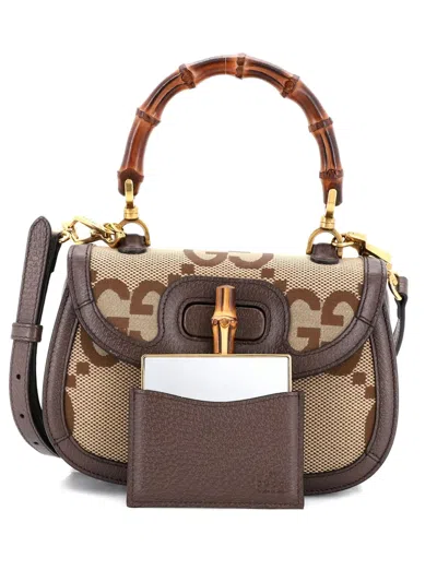 Pre-owned Gucci Bamboo 1947 Top Handle Bag Jumbo Gg Canvas Small Satchel In Neutral