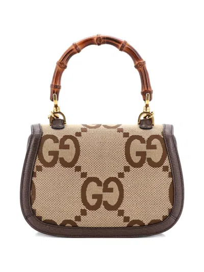 Pre-owned Gucci Bamboo 1947 Top Handle Bag Jumbo Gg Canvas Small Satchel In Neutral
