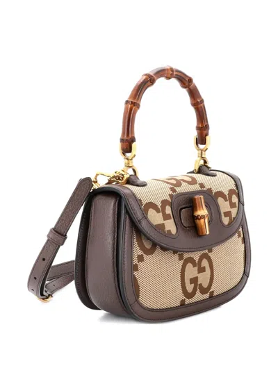 Pre-owned Gucci Bamboo 1947 Top Handle Bag Jumbo Gg Canvas Small Satchel In Neutral
