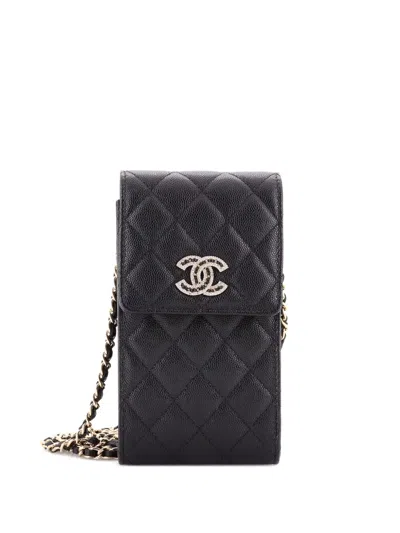 Pre-owned Chanel Embellished Cc Flap Phone Holder Quilted Caviar Quilted Caviar Crossbody Bag In Black