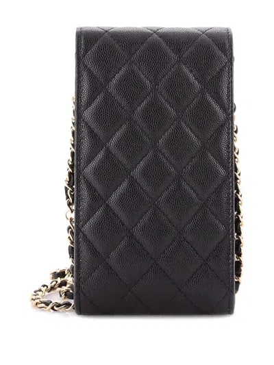 Pre-owned Chanel Embellished Cc Flap Phone Holder Quilted Caviar Quilted Caviar Crossbody Bag In Black