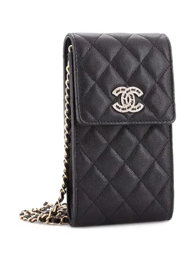 Pre-owned Chanel Embellished Cc Flap Phone Holder Quilted Caviar Quilted Caviar Crossbody Bag In Black