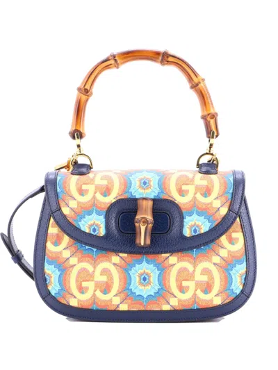 Pre-owned Gucci Bamboo 1947 Top Handle Bag Kaleidoscope Print Gg Coated Canvas Medium Crossbody Bag In Blue