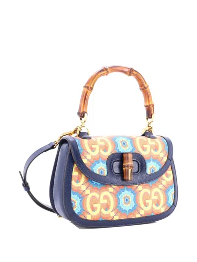 Pre-owned Gucci Bamboo 1947 Top Handle Bag Kaleidoscope Print Gg Coated Canvas Medium Crossbody Bag In Blue