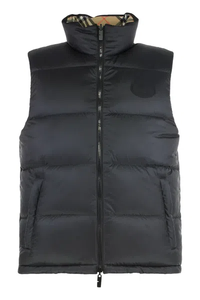 Burberry Beige Sleeveless Reversible Down Jacket With High Neck And All-over Check Motif In Tech Fabric Man In Neutral
