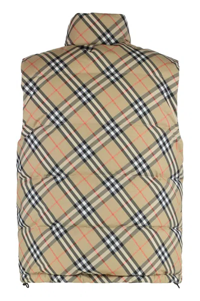 Burberry Beige Sleeveless Reversible Down Jacket With High Neck And All-over Check Motif In Tech Fabric Man In Neutral