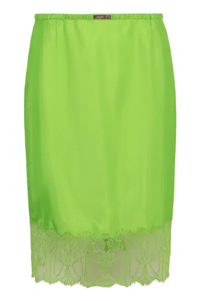 Gucci Satin Skirt With Back Slit And Lace Hem In Green