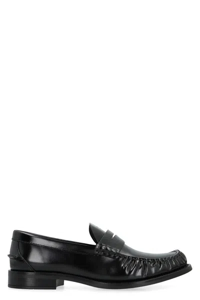Prada Round Toe Leather Loafers With Shiny Finish In Black