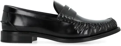 Prada Round Toe Leather Loafers With Shiny Finish In Black