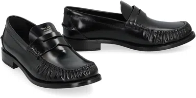 Prada Round Toe Leather Loafers With Shiny Finish In Black
