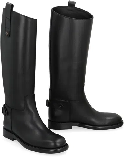 Burberry Women Black Boots With Side Logo Plaque In Leather Woman In Black