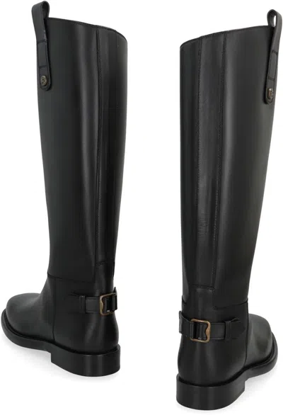 Burberry Women Black Boots With Side Logo Plaque In Leather Woman In Black