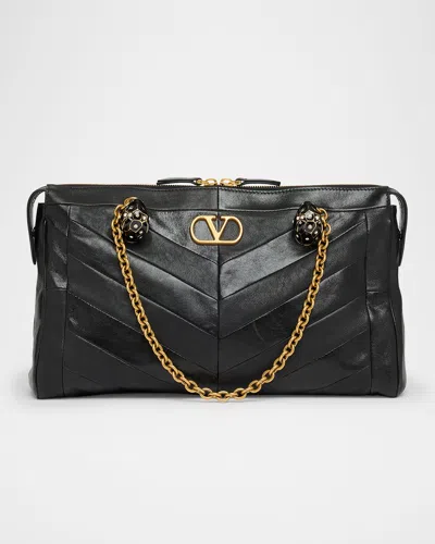 Valentino Garavani  Garavani Panthea Shoulder Bag In Nappa Leather With Chevron Pattern Wom In Black
