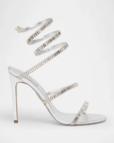René Caovilla Metallic Leather Strass Snake Ankle Wrap Sandals In Neutral
