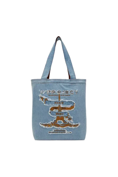 Y/project Denim Tote Bag With Paris Best Patch Blue In Blue