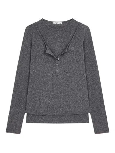 Open Yy Crew Neck Button-detail T-shirt In Black