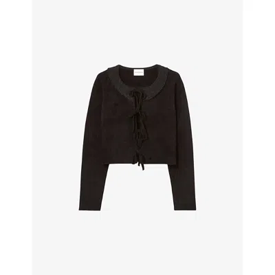Claudie Pierlot Womens Cropped Tie-front Velour Cardigan Black In Black