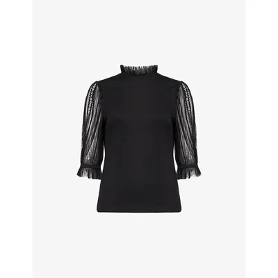 Me And Em And Em Womens Lace Insert Short-sleeves Stretch-woven Top Black In Black