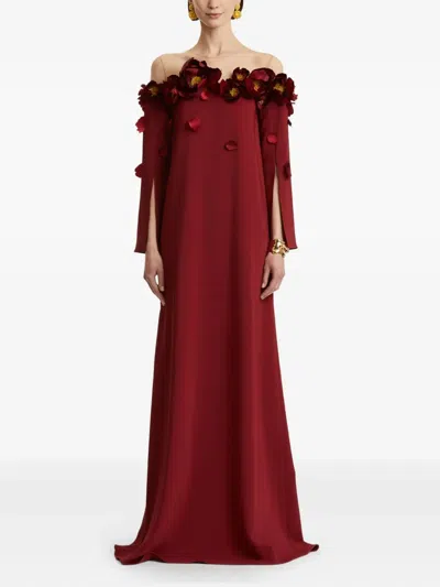 Oscar De La Renta Peony Appliqu Illusion Neck Caftan In Burgundy