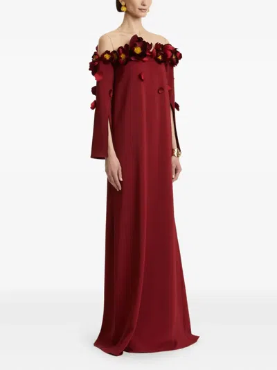 Oscar De La Renta Peony Appliqu Illusion Neck Caftan In Burgundy