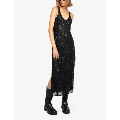 Zadig & Voltaire Womens Rarysa Star-embroidered Woven Midi Dress Black In Black
