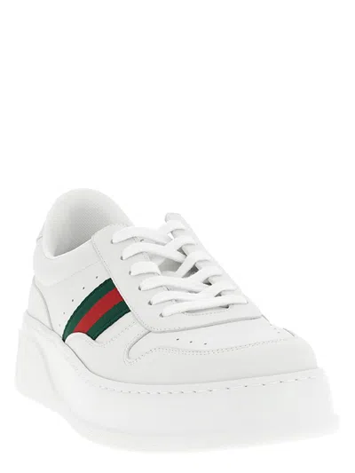 Gucci Men White Sneakers With Web Detail And Oversized Sole In Leather Man In White