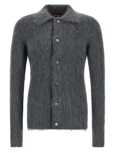 Gucci Men Grey Cardigan With Classic Collar And Brushed Effect In Mohair Blend Woman In Gray